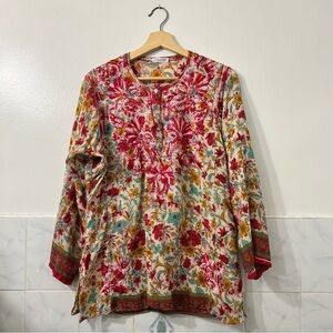 KC Signatures Women L Colorful Silk Crochet Hippie Bohemian Festival Henley Top